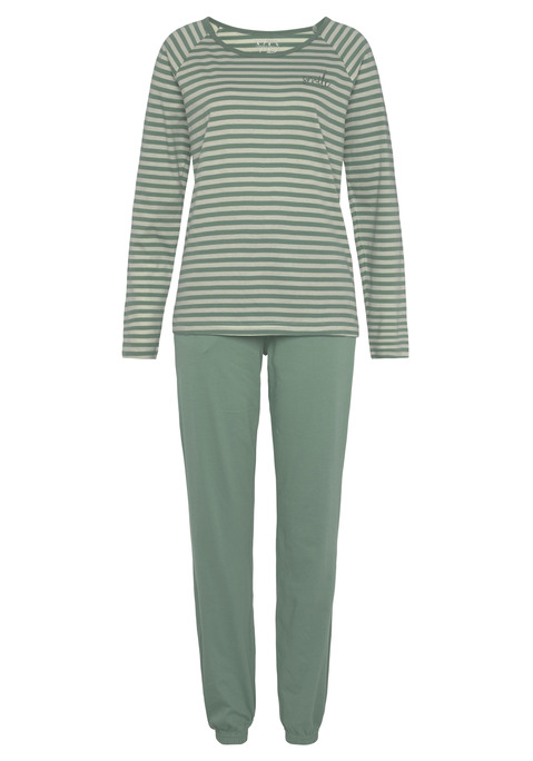 Bild: Pyjama von Vivance Dreams by Lascana: Langer Pyjama von Vivance Dreams. Langarm-Raglan mit Rundhalsausschnitt und Ringel-Allover-Druck. Lange Hose mit elastischem Bündchen und seitlichen Eingriffstaschen. Lässiger Schnitt. Weiche Single-Jersey-Qualität aus Baumwolle.