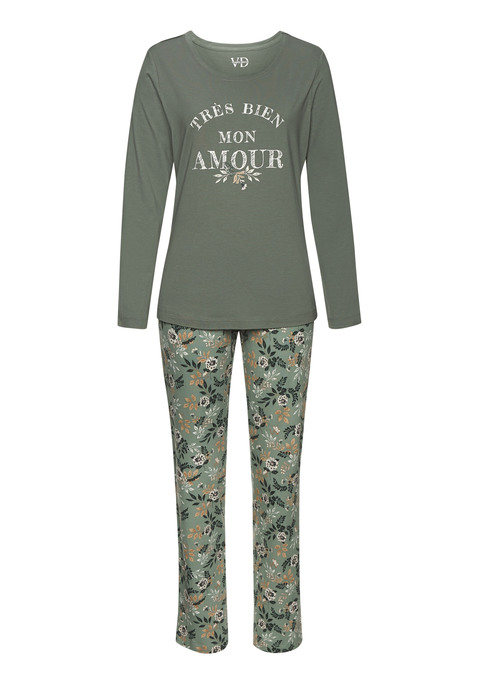 Bild: Pyjama von Vivance Dreams by Lascana: Modischer Pyjama von Vivance Dreams. Schlafshirt mit langen Ärmeln, Rundhalsausschnitt und floralem Aufdruck vorn. Bequeme Hose im Allover-Blumenprint mit elastischem Tunnelzugbund und praktischen Eingrifftaschen. Weicher Single-Jersey aus 50% Baumwolle, 50% Viskose.