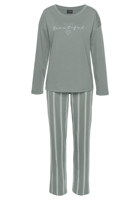 Bild: Pyjama von Vivance Dreams by Lascana: Schlafanzug von Vivance Dreams. Langarmshirt mit Wordingprint vorn. Rundhalsausschnitt. Überschnittene Schultern. Gestreifte Hose mit elastischem Tunnelzugbund. Weiche Single-Jerseyqualität aus 100% Baumwolle.