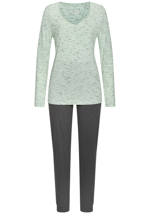 Bild: Pyjama von Vivance Dreams by Lascana: Pyjama von Vivance Dreams mit Melange-Effekt. Longsleeve mit V-Ausschnitt. Lange Hose mit elastischem Kordelzugbund und Bündchen an den Beinenden. Trageangenehme Viskosemischung.