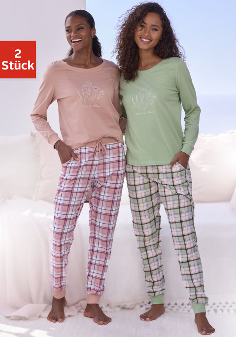 Bild: Pyjama von Vivance Dreams by Lascana: Im 2er-Pack: Pyjama von Vivance Dreams. Unifarbenes Langarmshirt mit Print vorn und Rundhalsausschnitt. Hose mit Allover-Karoprint und elastischem Tunnelzugbund. Seitliche Eingrifftaschen und elastische Beinabschlüsse. Weiche Baumwollqualität.