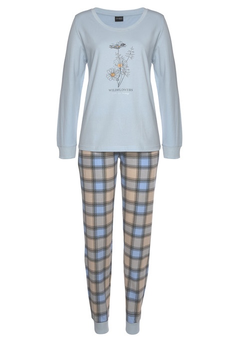 Bild: Pyjama von Vivance Dreams by Lascana: Schlafangzug von Vivance Dreams. Langarmshirt mit Druck vorn, Rundhalsausschnitt und Bündchen an den Ärmelabschlüssen. Hose mit Alloverprint. Elastischer Kordelzugbund und Rippbündchen an den Beinen. Weiche Single-Jersey-Qualität aus 100% Baumwolle.