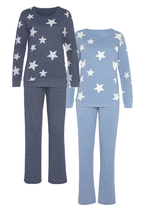 Bild: Pyjama von Vivance Dreams by Lascana: Pyjama von Vivance Dreams. Langarmshirt mit Rundhals, Sternenmuster und Saumbündchen. Lange Hose mit Dehnbund, Tunnelzug zum Regulieren der Weite und Seitennahttaschen. Figurumspielende Passform. Pflegeleichter Materialmixund weichem Griff aus  50% Baumwolle, 50% Polyester.