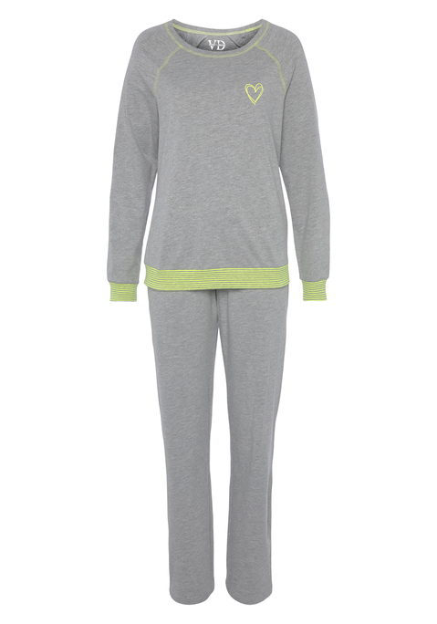 Bild: Pyjama von Vivance Dreams by Lascana: Pyjamaoberteil mit Raglanärmeln und abgesetzten Kontrastnähten. Schöner  Neonherzprint auf der Brust und Kontrastbündchen an den Säumen. Lange Hose mit seitlichen Eingriffstaschen und Kontrastbund mit Tunnelzug. Angenehme Qualität aus 60% Baumwolle, 40% Polyester.
