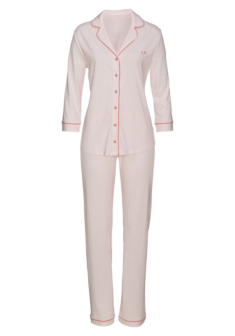 Bild: Pyjama von Vivance Dreams by Lascana: Klassischer Pyjama von Vivance Dreams.  Hemd mit kurzem Reverskragen, vorderer Knopfleiste und 3/4-Ärmeln. Schlafhose mit elastischem Tunnelzugbund und Eingrifftaschen. Weiche Single-Jersey-Qualität aus Baumwoll-Viskose-Mix.