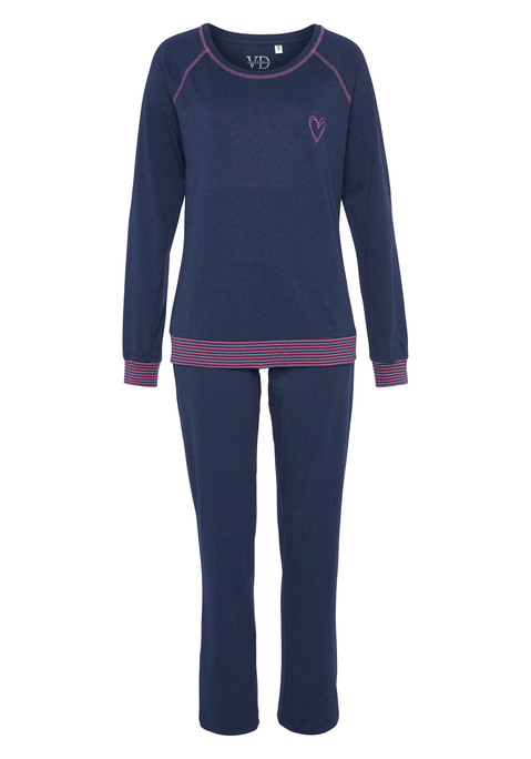 Bild: Pyjama von Vivance Dreams by Lascana: Pyjamaoberteil mit Raglanärmeln und abgesetzten Kontrastnähten. Schöner  Neonherzprint auf der Brust und Kontrastbündchen an den Säumen. Lange Hose mit seitlichen Eingriffstaschen und Kontrastbund mit Tunnelzug. Angenehme Qualität aus 60% Baumwolle, 40% Polyester.