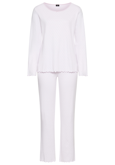 Bild: Pyjama von Vivance Dreams by Lascana: Schöner Pyjama von Vivance Dreams mit Ajour-Muster. Langarmshirt mit Zierschleife am Rundhalsausschnitt. Lange Hose mit Zierschleife am elastischen Bund. Mit süßen Babylocksäumen. Weiche, trageangenehme Jersey Qualität aus reiner Baumwolle.