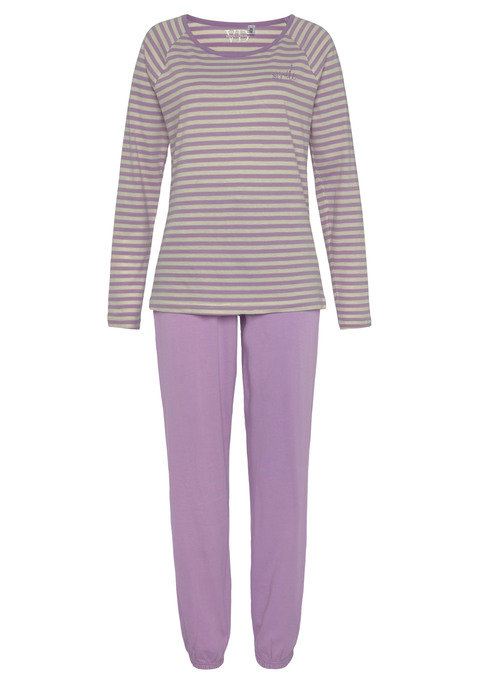 Bild: Pyjama von Vivance Dreams by Lascana: Langer Pyjama von Vivance Dreams. Langarm-Raglan mit Rundhalsausschnitt und Ringel-Allover-Druck. Lange Hose mit elastischem Bündchen und seitlichen Eingriffstaschen. Lässiger Schnitt. Weiche Single-Jersey-Qualität aus Baumwolle.