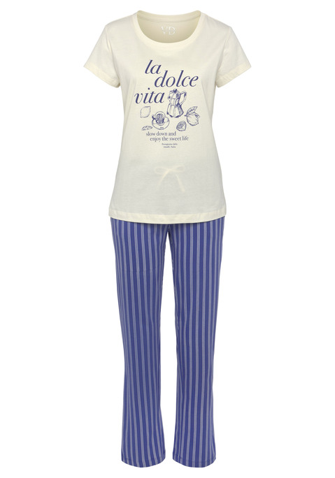 Bild: Pyjama von Vivance Dreams by Lascana: Schöner Schlafanzug von Vivance Dreams. Pyjamaoberteil mit Rundhalsausschnitt und süßem Frontprint. Lange Hose mit Streifen, seitlichen Eingriffstaschen und Tunnelzugbund. Softer Single-Jersey aus Baumwolle.