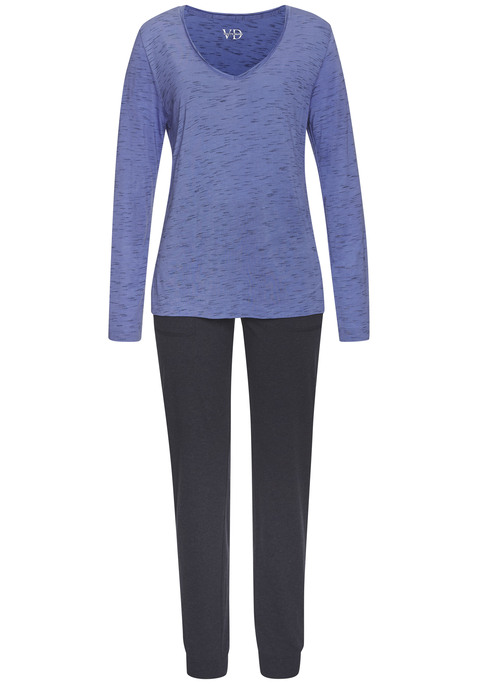 Bild: Pyjama von Vivance Dreams by Lascana: Pyjama von Vivance Dreams mit Melange-Effekt. Longsleeve mit V-Ausschnitt. Lange Hose mit elastischem Kordelzugbund und Bündchen an den Beinenden. Trageangenehme Viskosemischung.