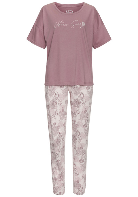 Bild: Pyjama von Vivance Dreams by Lascana: Schlafanzug von Vivance Dreams. Unifarbenes T-Shirt mit Schriftzugprint. Rundhalsausschnitt. Allover bedruckte Hose mit elastischem Tunnelzugbund, seitlichen Eingrifftaschen und elastischen Beinabschlüssen. Weicher Baumwoll-Mix.