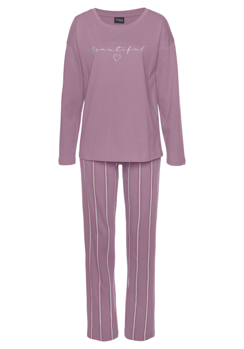 Bild: Pyjama von Vivance Dreams by Lascana: Schlafanzug von Vivance Dreams. Langarmshirt mit Wordingprint vorn. Rundhalsausschnitt. Überschnittene Schultern. Gestreifte Hose mit elastischem Tunnelzugbund. Weiche Single-Jerseyqualität aus 100% Baumwolle.