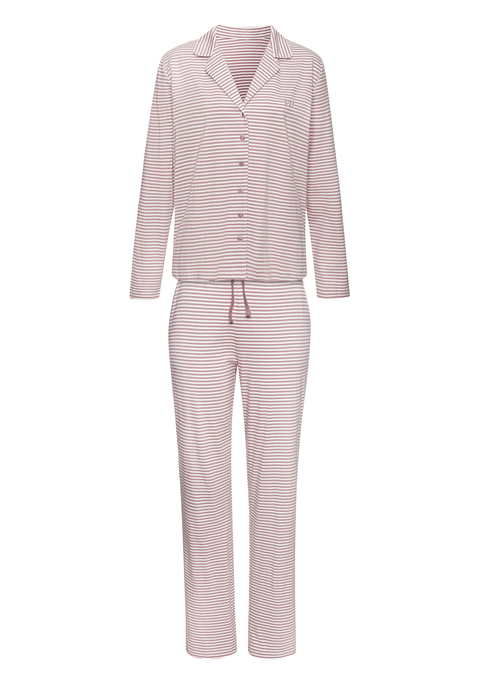 Bild: Pyjama von Vivance Dreams by Lascana: Pyjama von Vivance Dreams mit Querstreifen. Langärmeliges Oberteil mit Reverskragen, durchgehender Knopfleiste und Logostickerei auf der Brust. Lange Hose mit elastischem Tunnelzugbund und seitlichen Eingrifftaschen.  Trageangenehme Baumwollmischung.