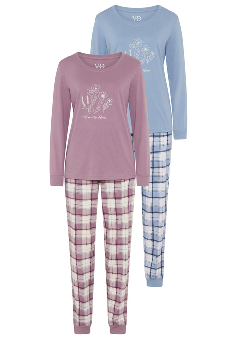Bild: Pyjama von Vivance Dreams by Lascana: Im 2er-Pack: Pyjama von Vivance Dreams. Unifarbenes Langarmshirt mit Print vorn und Rundhalsausschnitt. Hose mit Allover-Karoprint und elastischem Tunnelzugbund. Seitliche Eingrifftaschen und elastische Beinabschlüsse. Weiche Baumwollqualität.
