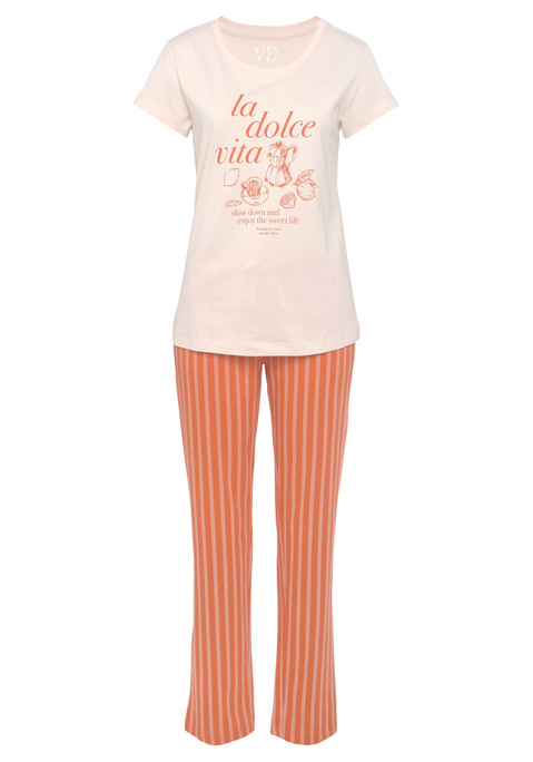 Bild: Pyjama von Vivance Dreams by Lascana: Schöner Schlafanzug von Vivance Dreams. Pyjamaoberteil mit Rundhalsausschnitt und süßem Frontprint. Lange Hose mit Streifen, seitlichen Eingriffstaschen und Tunnelzugbund. Softer Single-Jersey aus Baumwolle.
