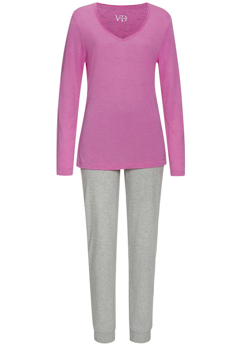 Bild: Pyjama von Vivance Dreams by Lascana: Pyjama von Vivance Dreams mit Melange-Effekt. Longsleeve mit V-Ausschnitt. Lange Hose mit elastischem Kordelzugbund und Bündchen an den Beinenden. Trageangenehme Viskosemischung.