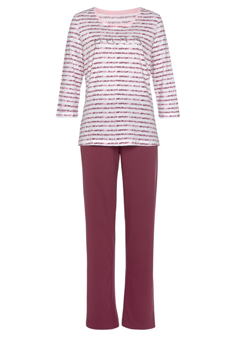 Bild: Pyjama von Vivance Dreams by Lascana: Pyjama mit 2-farbigem Streifendruck und Foliendruck vorn Aus reiner Baumwolle.