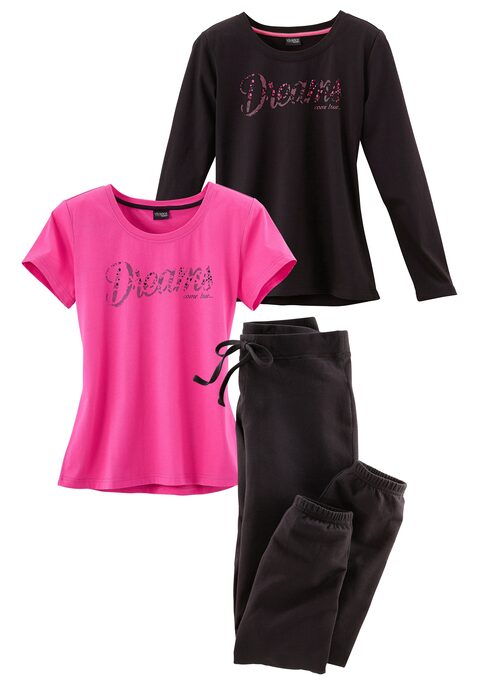 Bild: Pyjama von Vivance Dreams by Lascana: Toller Look für die Nacht! Das Set besteht aus einem Kurzarm- und Langarmshirt mit Rundhalsausschnitt und modischem Frontdruck in Spitzendessin und einer langen, schmalen Hose mit elastischem Tunnelzugbund, seitlichen Eingrifftaschen und Gummizug am Saum.  Single-Jersey-Qualität aus 100% Baumwolle.