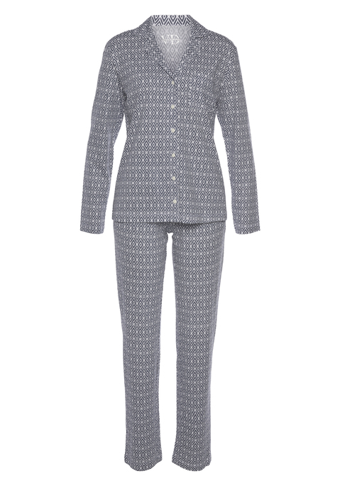 Bild: Pyjama von Vivance Dreams by Lascana: Klassischer Pyjama von Vivance Dreams. Mit schönem Allover-Print. Langarmshirt mit Reverskragen, Brusttasche und durchgehender Knopfleiste. Lange Hose mit elastischem Tunnelzugbund und seitlichen Eingriffstaschen. Weiche Single Jersey-Qualität aus Baumwoll-Viskosemix.