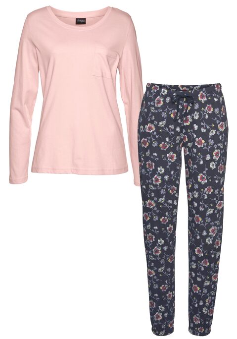 Bild: Pyjama von Vivance Dreams by Lascana: Vivance Dreams Pyjama mit grafischem Druck. Unifarbenes Langarmshirt mit Rundhalsausschnitt und aufgesetzter Brusttasche. Allover bedruckte Hose mit elastischem Tunnelzugbund. Obermaterial: 100% Baumwolle (unterstützt Cotton made in Africa)