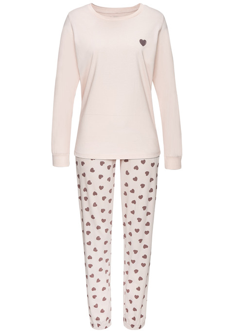 Bild: Pyjama von Vivance Dreams by Lascana: Langer Pyjama von Vivance Dreams. Longsleeve mit Rundhalsausschnitt und kleinem Print auf der Brust. Lange Hose mit Allover-Herzmuster. Seitliche Eingrifftaschen. Elastischer Bund mit Bindeband. Trageangenehme Baumwollqualität.