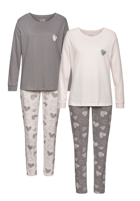 Bild: Pyjama von Vivance Dreams by Lascana: Pyjama von Vivance Dreams im Doppelpack. Longsleeve mit Rundhalsausschnitt und Herz-Print. Lange Hose mit elastischem Tunnelzugbund und seitlichen Taschen. Bequem geschnitten. Atmungsaktive und pflegeleichter Baumwollmix.
