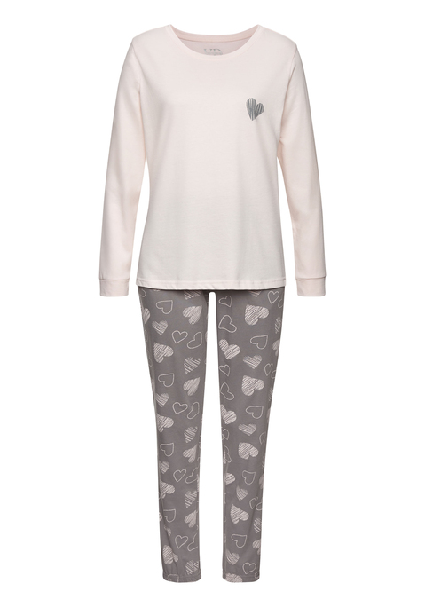 Bild: Pyjama von Vivance Dreams by Lascana: Pyjama von Vivance Dreams . Longsleeve mit Rundhalsausschnitt und Herz-Print. Lange Hose mit elastischem Tunnelzugbund und seitlichen Taschen. Bequem geschnitten. Atmungsaktive und pflegeleichter Baumwollmix.