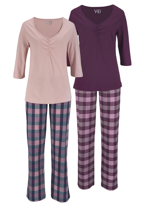 Bild: Pyjama von Vivance Dreams by Lascana: Shirt mit ¾ Ärmel, V-Ausschnitt und Raffung in der vorderen Mitte. Lange, karierte Hose mit elastischem Tunnelzugbund. Single-Jersey aus 100% Baumwolle (mit dem Kauf unterstützen Sie den nachhaltigen Baumwollanbau von Cotton made in Africa).