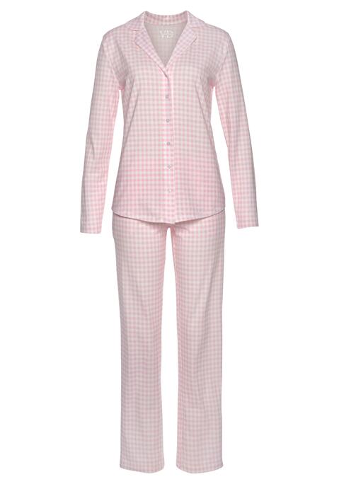 Bild: Pyjama von Vivance Dreams by Lascana: Klassischer Pyjama allover bedruckt. Langarmshirt mit Reverskragen und durchgehender Knopfleiste, Lange Hose mit elastischem Bund und Zierkante entlang der seitlichen Eingrifftaschen. Angenehm weiche Baumwollqualität.