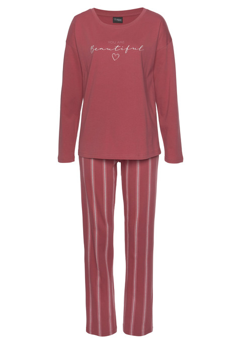 Bild: Pyjama von Vivance Dreams by Lascana: Schlafanzug von Vivance Dreams. Langarmshirt mit Wordingprint vorn. Rundhalsausschnitt. Überschnittene Schultern. Gestreifte Hose mit elastischem Tunnelzugbund. Weiche Single-Jerseyqualität aus 100% Baumwolle.