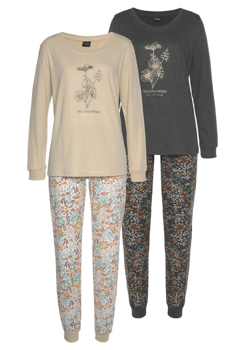 Bild: Pyjama von Vivance Dreams by Lascana: Schlafangzug im 2er-Pack von Vivance Dreams. Langarmshirt mit Druck vorn, Rundhalsausschnitt und Bündchen an den Ärmelabschlüssen. Hose mit Alloverprint. Elastischer Kordelzugbund und Rippbündchen an den Beinen. Weiche Single-Jersey-Qualität aus 100% Baumwolle.