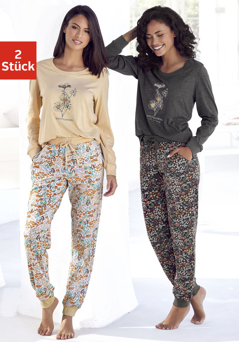 Bild: Pyjama von Vivance Dreams by Lascana: Schlafangzug im 2er-Pack von Vivance Dreams. Langarmshirt mit Druck vorn, Rundhalsausschnitt und Bündchen an den Ärmelabschlüssen. Hose mit Alloverprint. Elastischer Kordelzugbund und Rippbündchen an den Beinen. Weiche Single-Jersey-Qualität aus 100% Baumwolle.