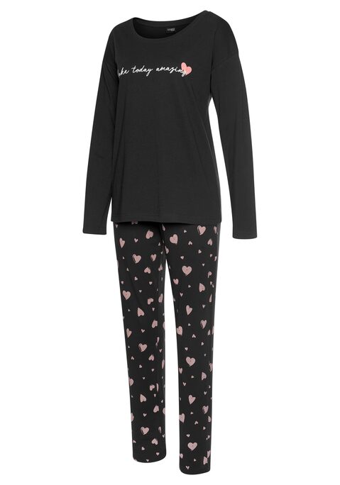 Bild: Pyjama von Vivance Dreams by Lascana: Pyjama von Vivance Dreams mit Herzchenmuster. Unifarbenes Langarmshirt mit Rundhalssausschnitt und Frontdruck. Gemusterte Hose mit elastischem Tunnelzugbund. Obermaterial: 100% Baumwolle ( (Mit jedem Kauf eines Artikels aus Cotton made in Africa unterstützt Du die Initiative))