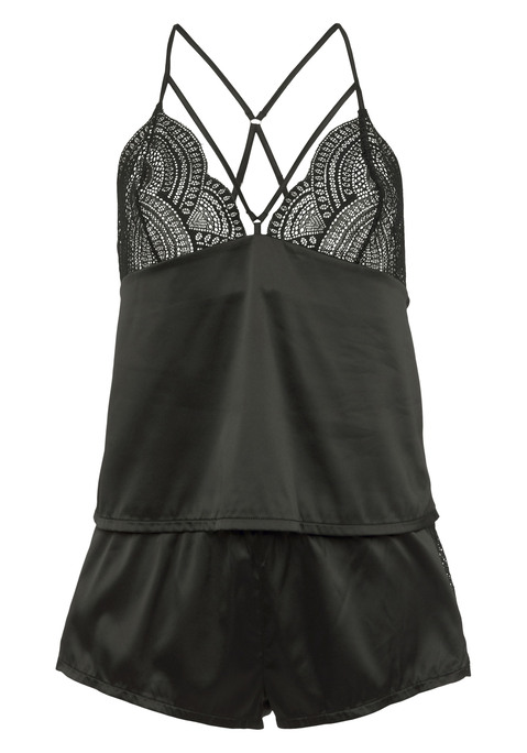 Bild: Pyjama von Vivance Dreams by Lascana: Satin-Shorty mit Spitzendetails. Trägertop mit Spitzen-Cups und Zierband entlang des tiefen V-Ausschnitts. Shorts mit elastischem Bund und V-förmigem Spitzen-Einsatz am Vorderbein. Elastische Satin-Qualität für einen angenehmen Tragekomfort. Aus 90% Polyester, 10% Elasthan. Spitze: 90% Polyamid, 10% Elasthan