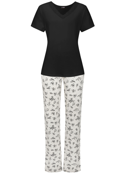 Bild: Pyjama von Vivance Dreams by Lascana: Pyjama von Vivance Dreams. Unifarbenes T-Shirt mit Spitzenbesatz am V-Ausschnitt. Lange Hose mit floralem Alloverprint, elastischem Tunnelzugbund, seitlichen Eingrifftaschen. Trageangenehme Viskosequalität.