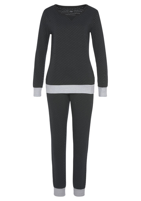 Bild: Pyjama von Vivance Dreams by Lascana: Gepunktetes Shirt mit Rundhalsausschnitt und langen Ärmeln. Breite, kontrastfarben gestreifte Rippbündchen an den Säumen. Gepunktete Leggings mit elastischem Bund und konstrastfarbenen Rippbündchen am Beinsaum.  Aus 98% Baumwolle (unterstützt Cotton made in Africa), 2% Polyester.