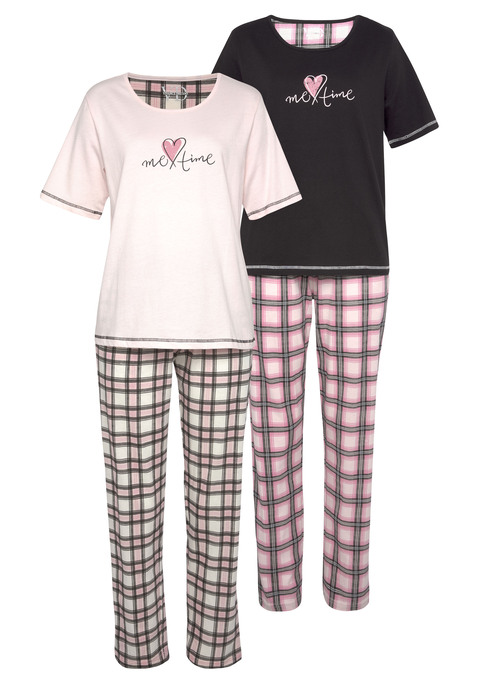 Bild: Pyjama von Vivance Dreams by Lascana: Doppelpack Pyjama mit allover Print Hose  und Tunnelzugbund. Kurzarm-Shirt mit Frontprint und Kontrastnähten in angenehmer Qualität aus 100% Baumwolle..