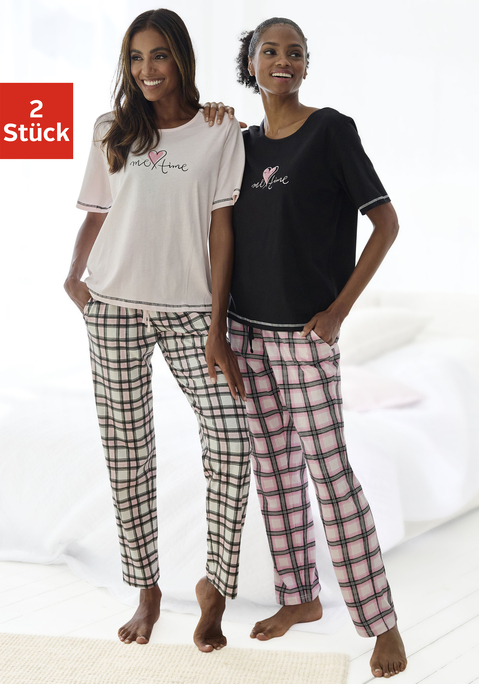Bild: Pyjama von Vivance Dreams by Lascana: Doppelpack Pyjama mit allover Print Hose  und Tunnelzugbund. Kurzarm-Shirt mit Frontprint und Kontrastnähten in angenehmer Qualität aus 100% Baumwolle..