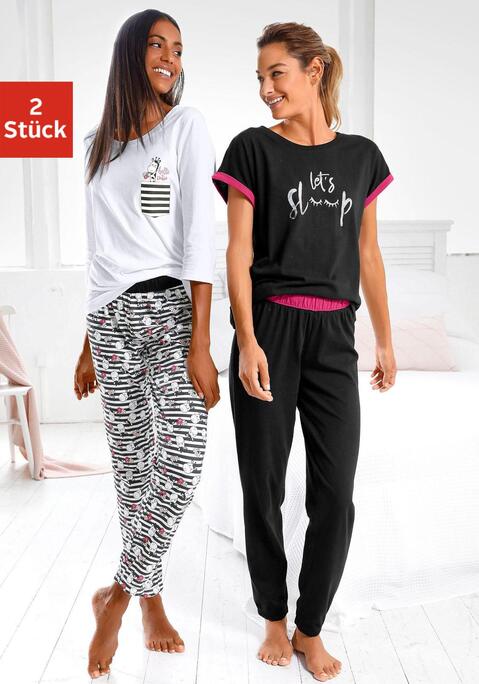 Bild: Pyjama von Vivance Dreams by Lascana: Verspielte Pyjamas im Doppelpack. Ein Kurzarmshirt mit kontrastfarbenem Aufschlag und Frontprint. Ein Shirt mit 3/4-Ärmeln und aufgedruckter Brusttasche. Kontrastfarbener Hosenbund. Weiche Qualität für angenehmes Tragegefühl aus 100% Baumwolle.