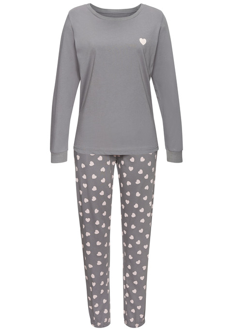 Bild: Pyjama von Vivance Dreams by Lascana: Langer Pyjama von Vivance Dreams. Longsleeve mit Rundhalsausschnitt und kleinem Print auf der Brust. Lange Hose mit Allover-Herzmuster. Seitliche Eingrifftaschen. Elastischer Bund mit Bindeband. Trageangenehme Baumwollqualität.