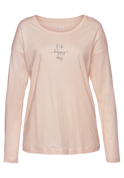 Bild: Pyjamaoberteil von Vivance Dreams by Lascana: Langarmshirt von Vivance Dreams. Mit dezentem Wording-Print. Bequeme Passform mit Rundhalsausschnitt und überschnittenen Schultern. Vielseitig kombinierbar. Weiche Single Jersey-Qualität aus 50% Baumwolle, 50% Viskose.
