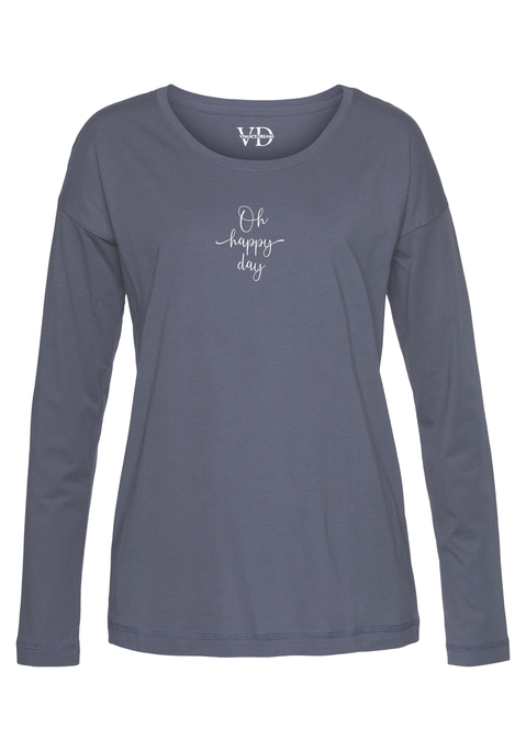 Bild: Pyjamaoberteil von Vivance Dreams by Lascana: Langarmshirt von Vivance Dreams. Mit dezentem Wording-Print. Bequeme Passform mit Rundhalsausschnitt und überschnittenen Schultern. Vielseitig kombinierbar. Weiche Single Jersey-Qualität aus 50% Baumwolle, 50% Viskose.