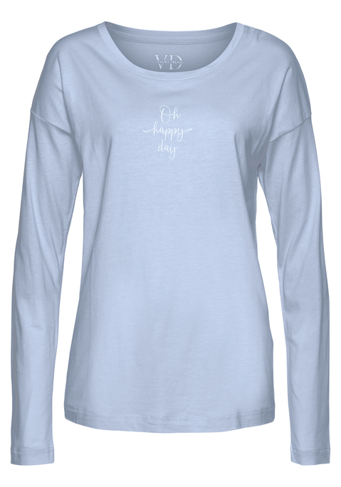 Bild: Pyjamaoberteil von Vivance Dreams by Lascana: Langarmshirt von Vivance Dreams. Mit dezentem Wording-Print. Bequeme Passform mit Rundhalsausschnitt und überschnittenen Schultern. Vielseitig kombinierbar. Weiche Single Jersey-Qualität aus 50% Baumwolle, 50% Viskose.