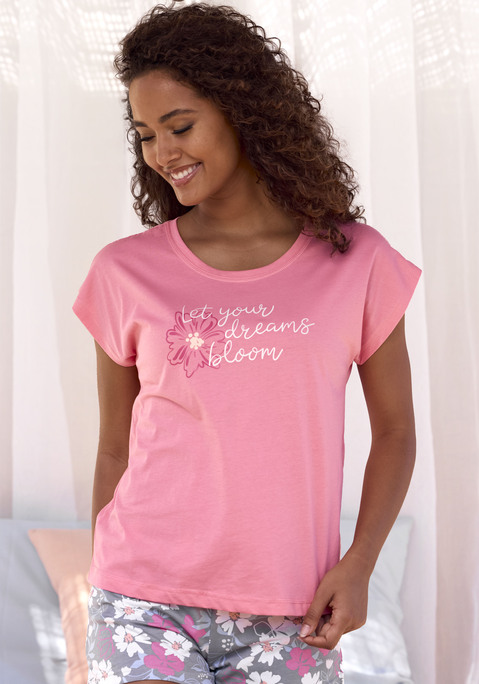 Bild: Pyjamaoberteil von Vivance Dreams by Lascana: Schlafshirt von Vivance Dreams. Mit schönem Print vorn. Rundhalsausschnitt. Kurze Ärmel. Trageangenehmer Baumwoll-Jersey.