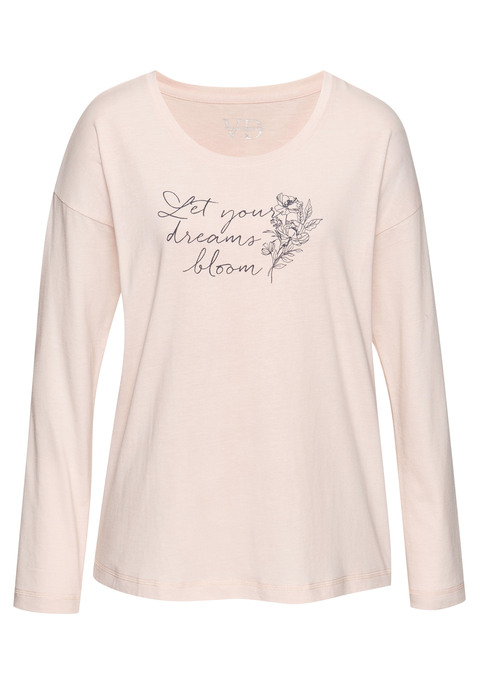 Bild: Pyjamaoberteil von Vivance Dreams by Lascana: Schlafshirt mit Print vorn von Vivance Dreams. Mit Rundhalsausschnitt, überschnittenen Schultern und langen Ärmeln. Trageangenehme Baumwoll-Jerseyware.