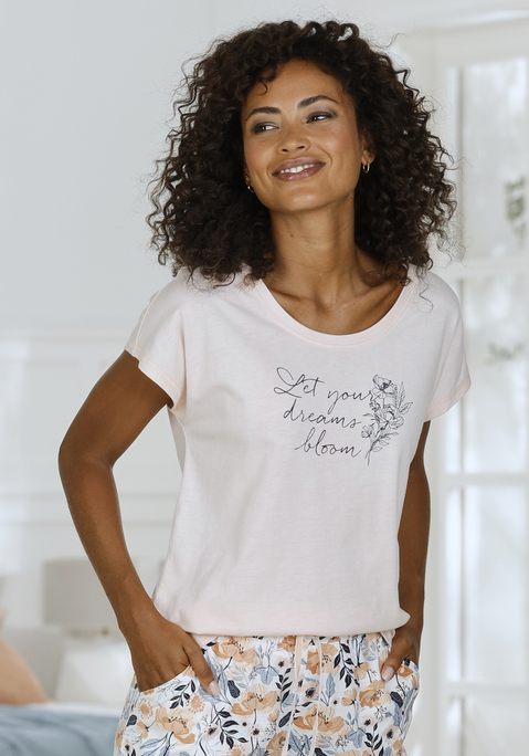 Bild: Pyjamaoberteil von Vivance Dreams by Lascana: Schlafshirt mit Print vorn. Rundhalsausschnitt. Angeschnittene, kurze Ärmel. Trageangenehme Baumwollqualität.