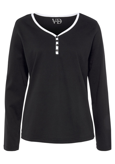 Bild: Pyjamaoberteil von Vivance Dreams by Lascana: Longsleeve mit V-Ausschnitt und kleiner Knopfleiste in angenehmer Qualität aus 100% Baumwolle.