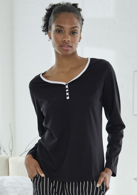 Bild: Pyjamaoberteil von Vivance Dreams by Lascana: Longsleeve mit V-Ausschnitt und kleiner Knopfleiste in angenehmer Qualität aus 100% Baumwolle.