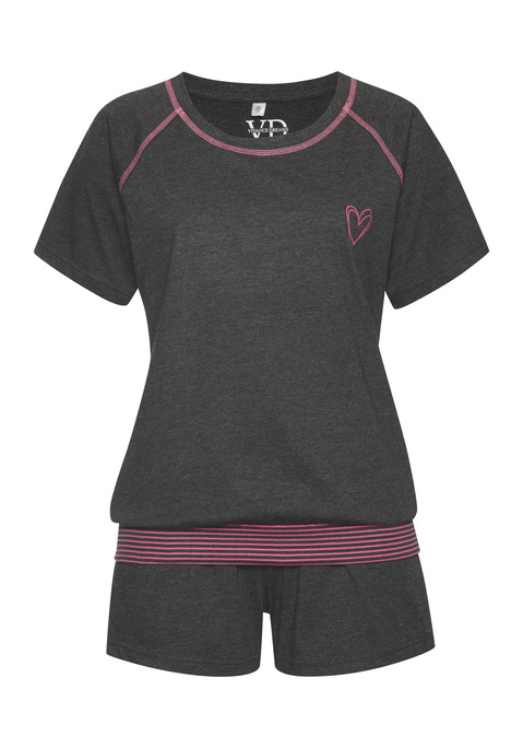 Bild: Shorty von Vivance Dreams by Lascana: Pyjamaoberteil mit kurzen Raglanärmeln und kontrastnähten. Kleiner Frontprint auf der Brust. Shorts mit seitlichen Eingriffstaschen und gestreiftem Rippbund mit Tunnelzug. Angenehme Qualität aus 60% Baumwolle, 40% Polyester.