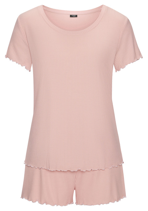 Bild: Shorty von Vivance Dreams by Lascana: Hübscher Shorty von Vivance Dreams. Geripptes Material mit Babylock-Nähten. T-Shirt mit Rundhalsausschnitt, Shorts mit Elastikbund. Trageangenehme Qualität mit Viskose.